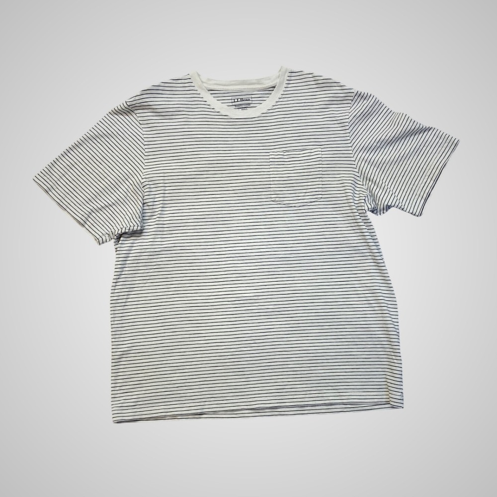 LL Bean Striped T-Shirt Mens L White Navy Excellent Organic Cotton Pocket Tee